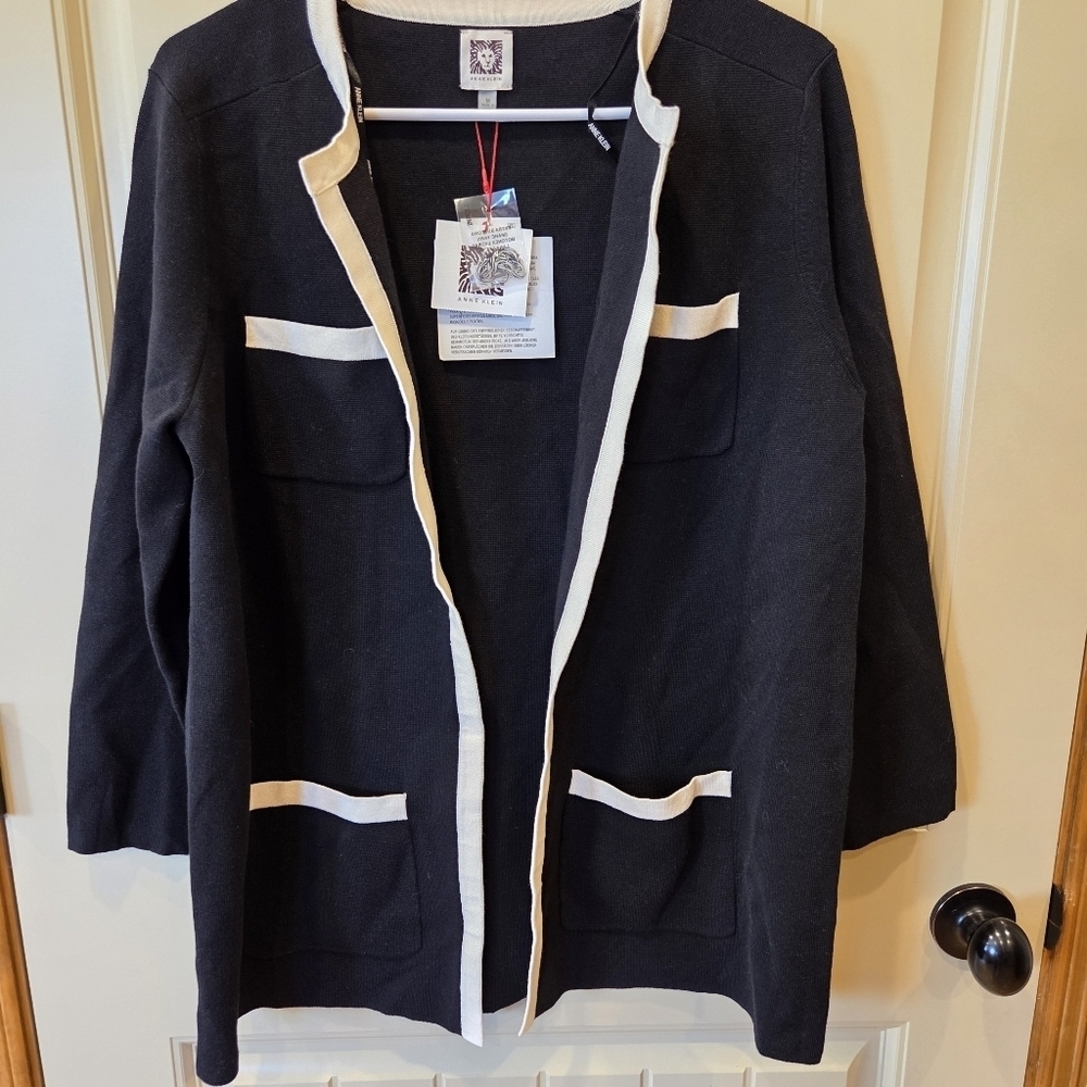 Anne KleinTipped Patch-Pocket Cardigan Women's Medium Black Open Front